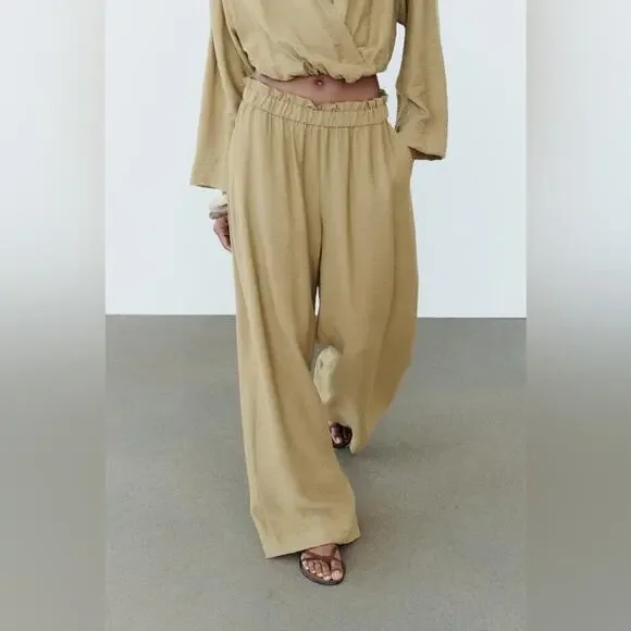 Zara WIDE LEG GATHERED WAIST PANT Size Large - Picture 1 of 9